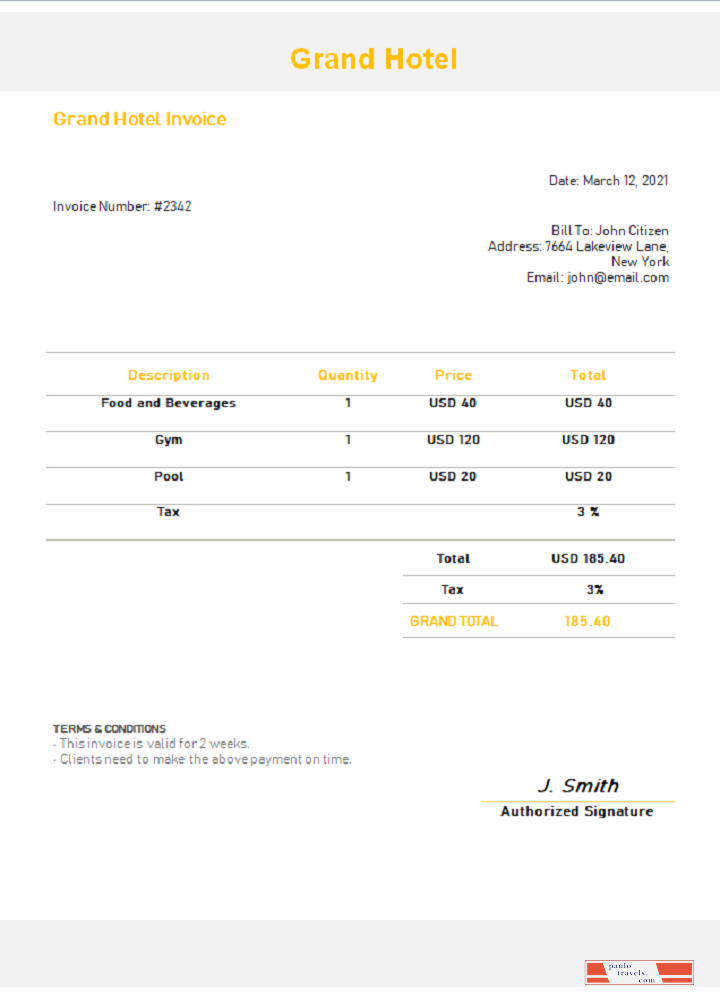 USA Grand Hotel invoice PSD template